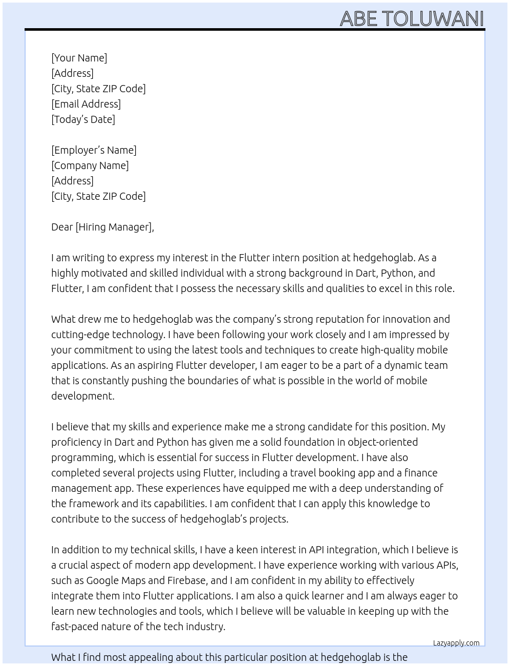 FLutter intern At hedgehoglab Cover Letter