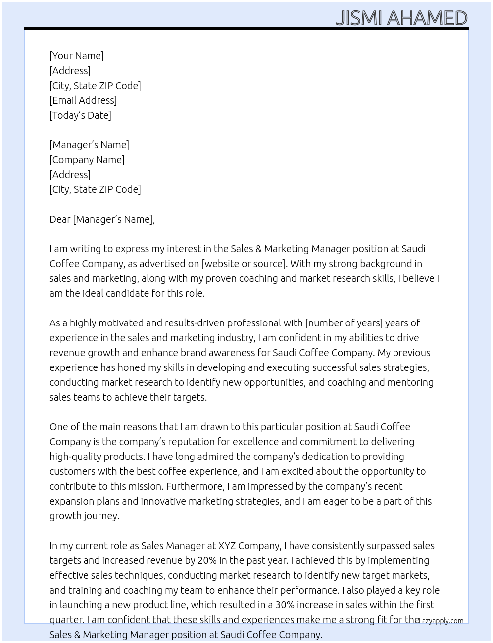 Sales & Marketing Manager At Saudi Coffee Comoany Cover Letter