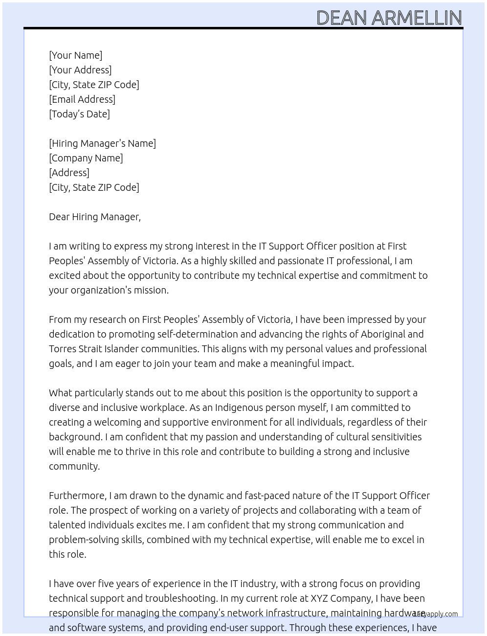 IT Support Officer At First Peoples' Assembly of Victoria Cover Letter