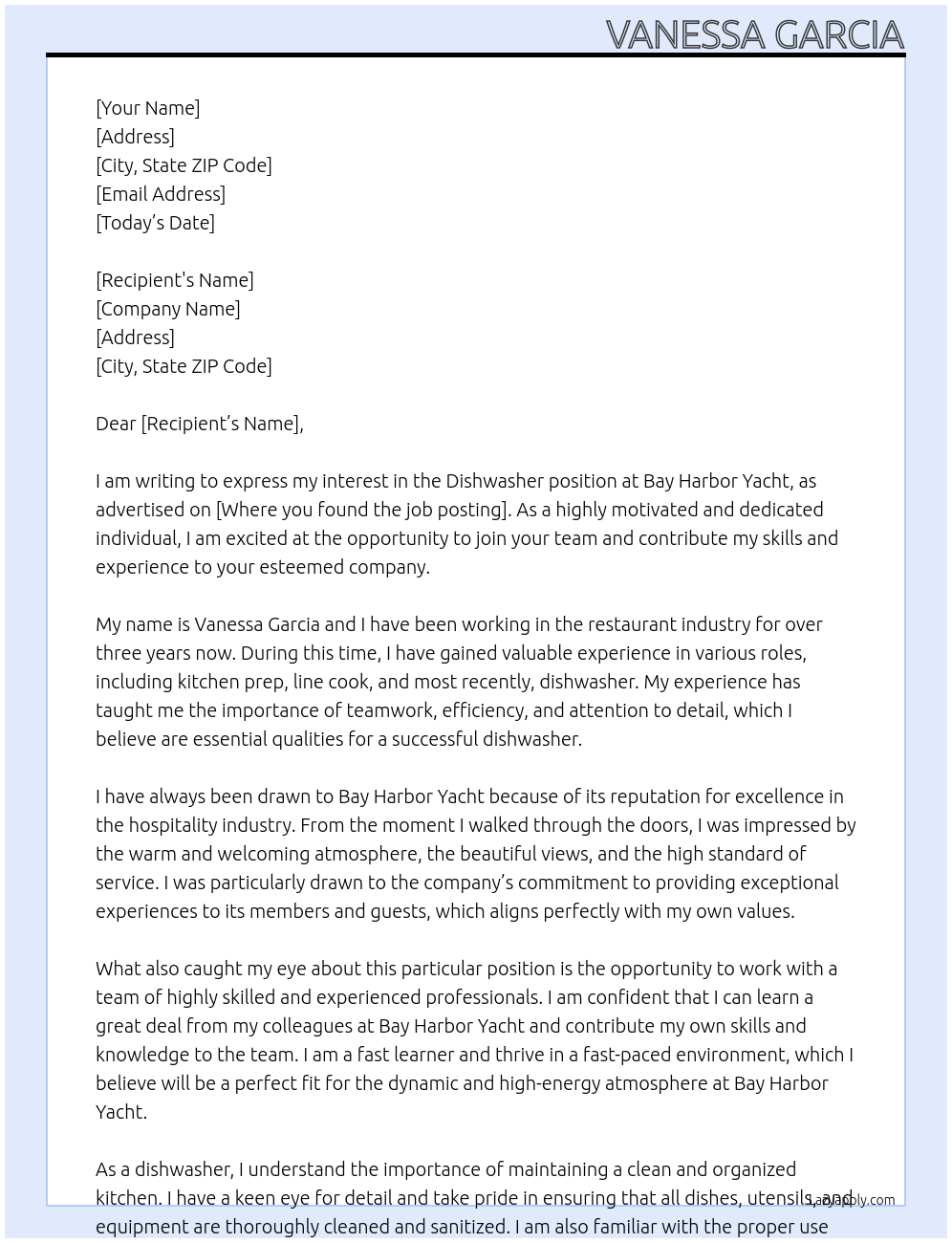 Dishwasher At Bay harbor yacht Cover Letter