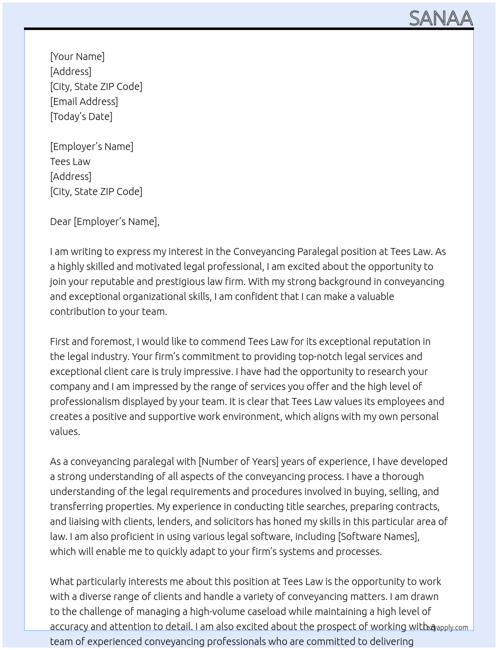 Conveyancing paralegal  At Tees law  Cover Letter