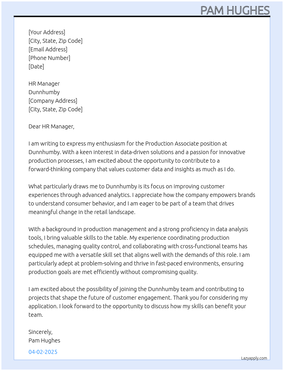 Production Associate At Dunnhumby Cover Letter