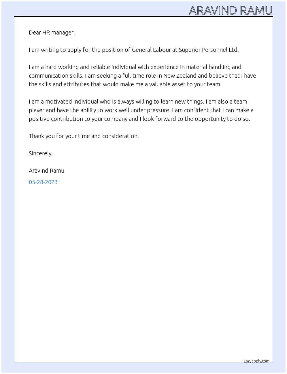 General Labour At Superior Personnel Ltd Cover Letter