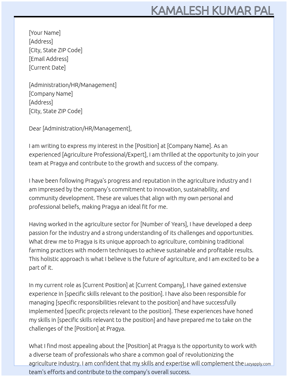 agriculture At pragya Cover Letter