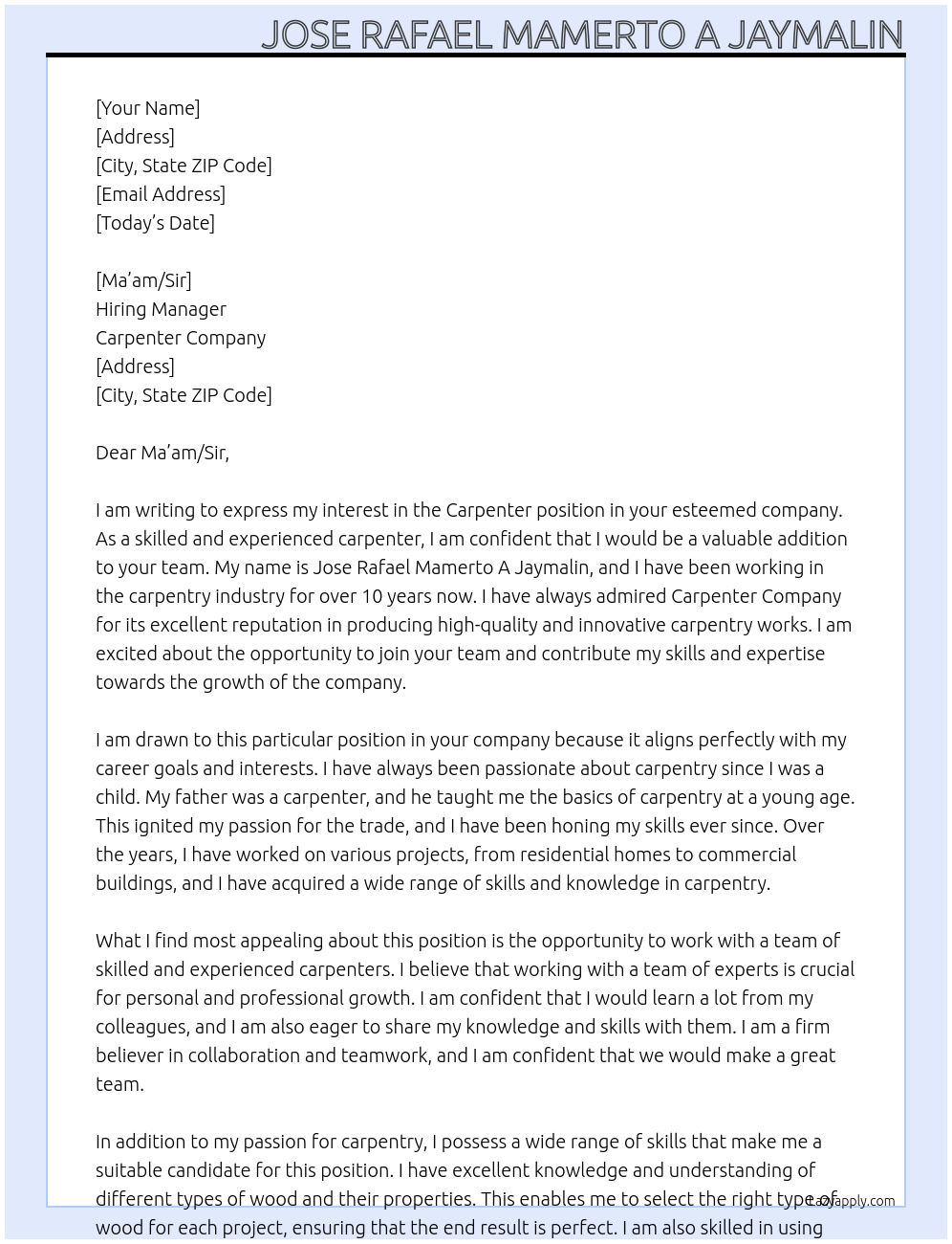 Carpenter  At Carpenter  Cover Letter