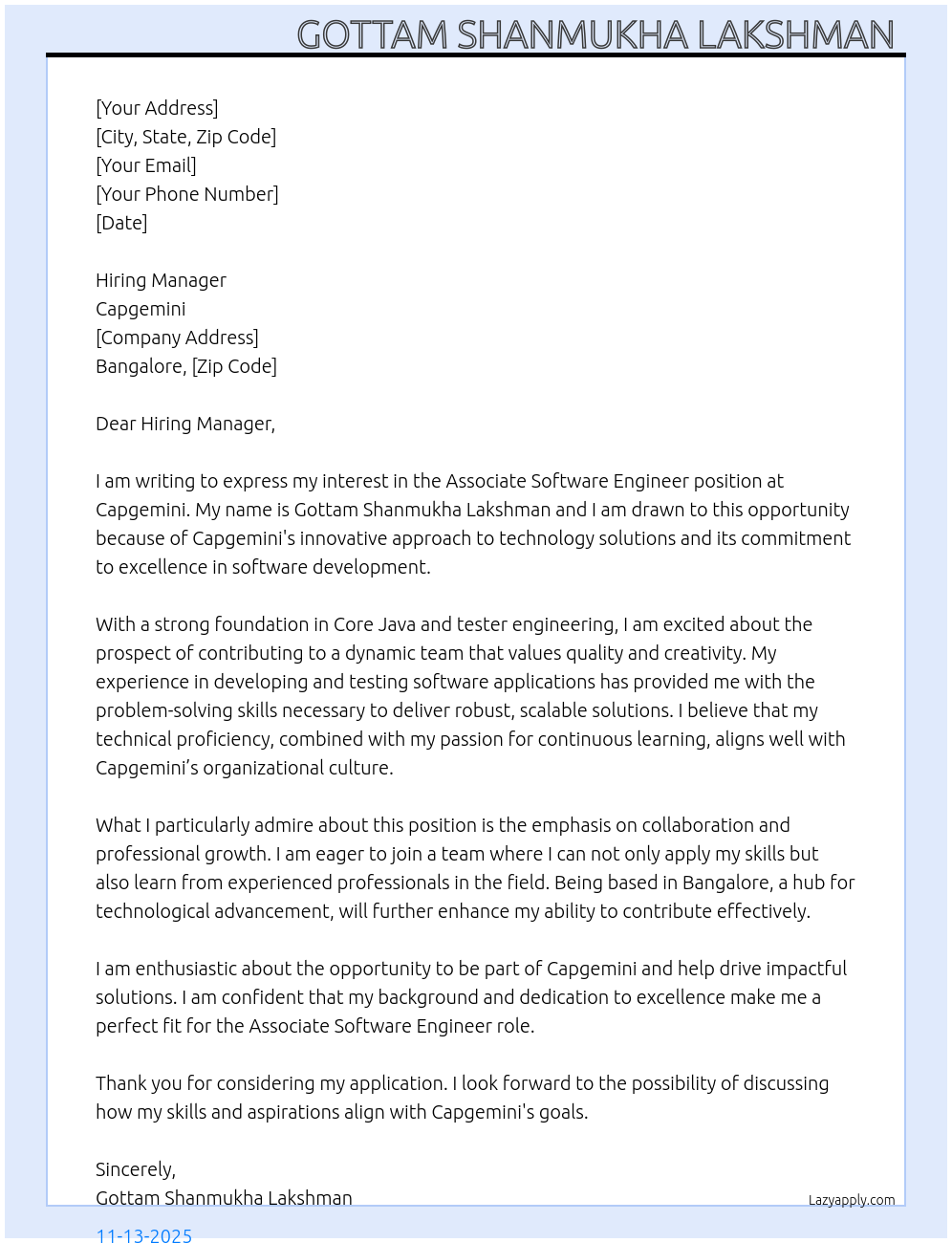 Association software engineer At Capgemini Cover Letter