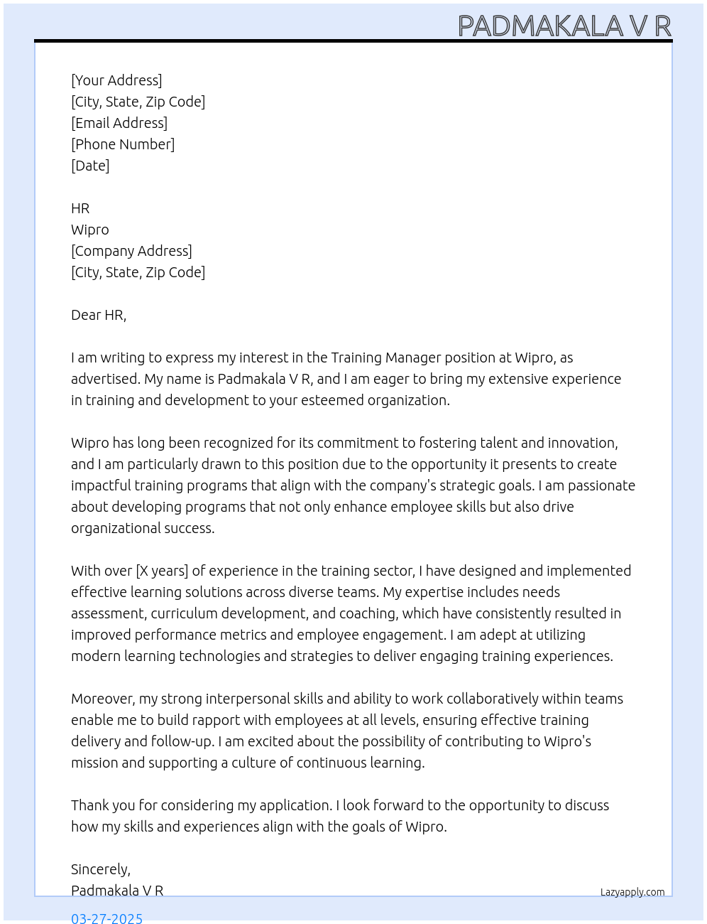Training Manager At Wipro Cover Letter