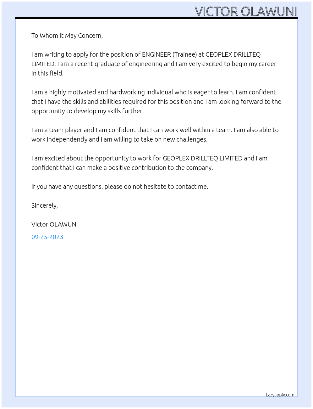 ENGINEER (Trainee) At GEOPLEX DRILLTEQ LIMITED Cover Letter