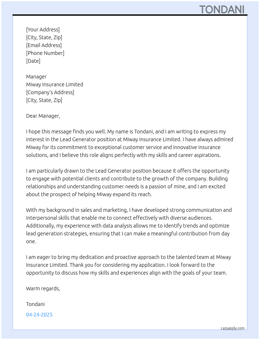 Cover letter for lead generator - LazyApply