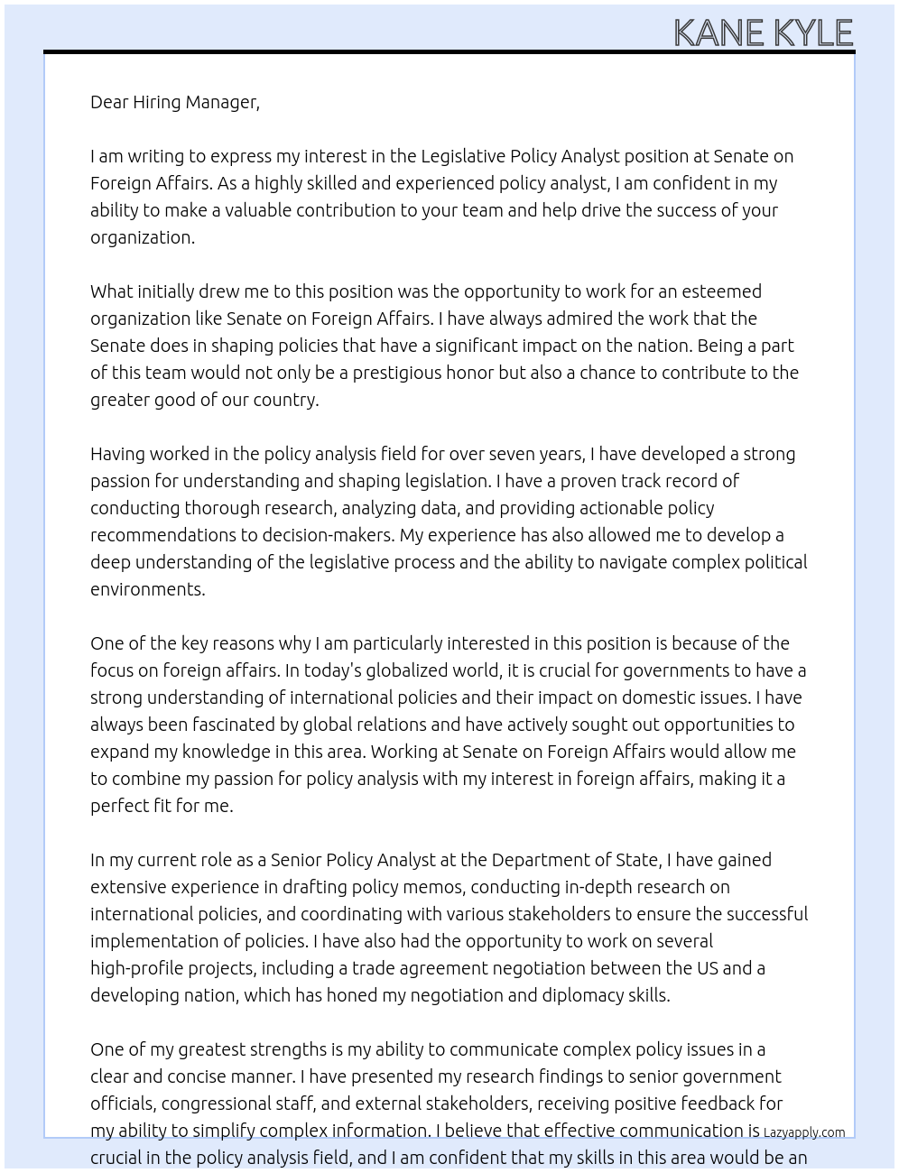 Legislative Policy Analyst At Senate on Foreign Affairs Cover Letter