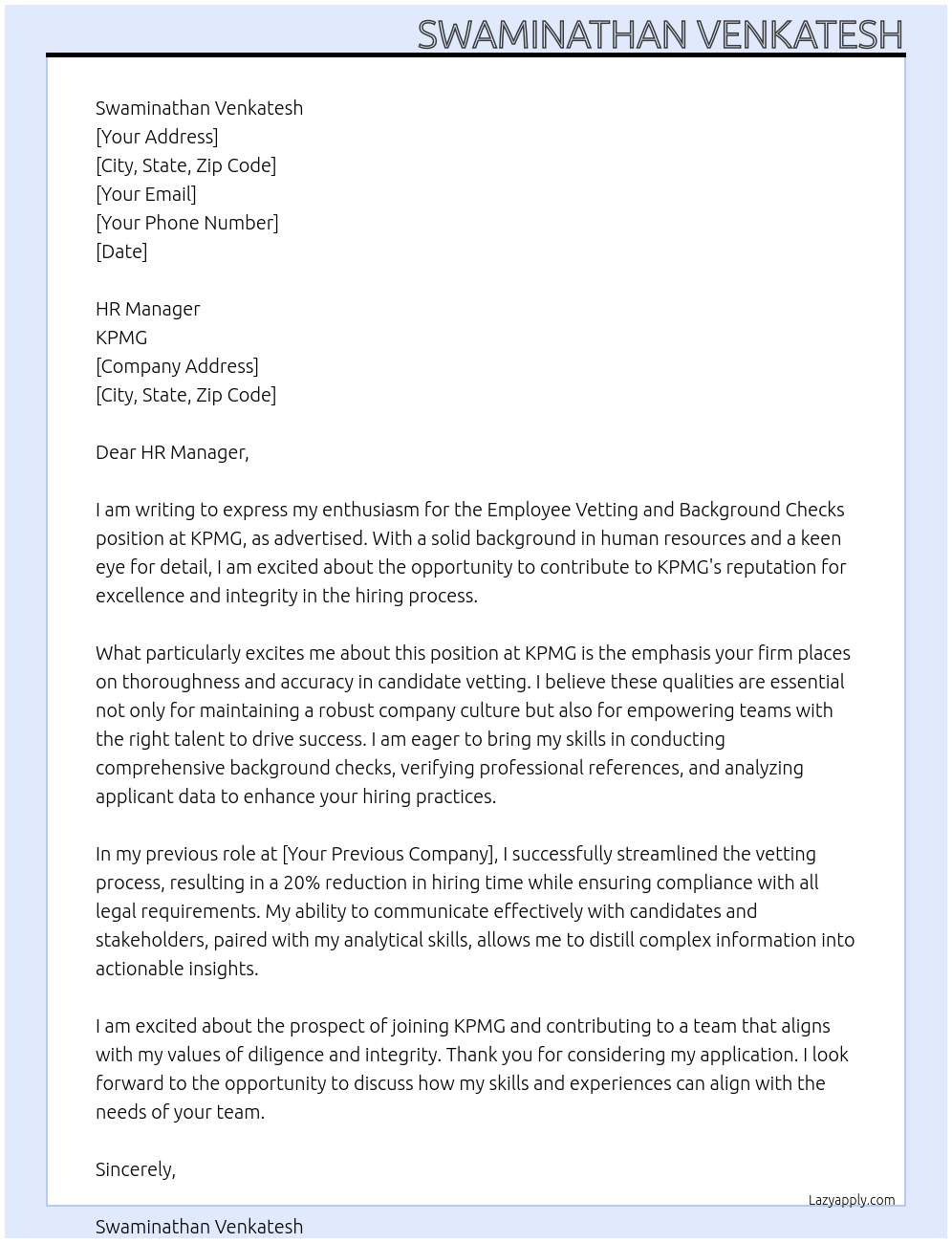 Employee vetting and background checks At KPMG Cover Letter