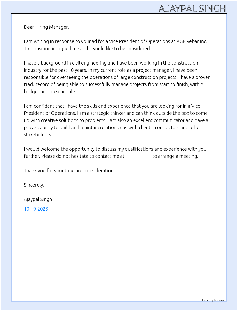 Vice President Operations At AGF Rebar Inc Cover Letter