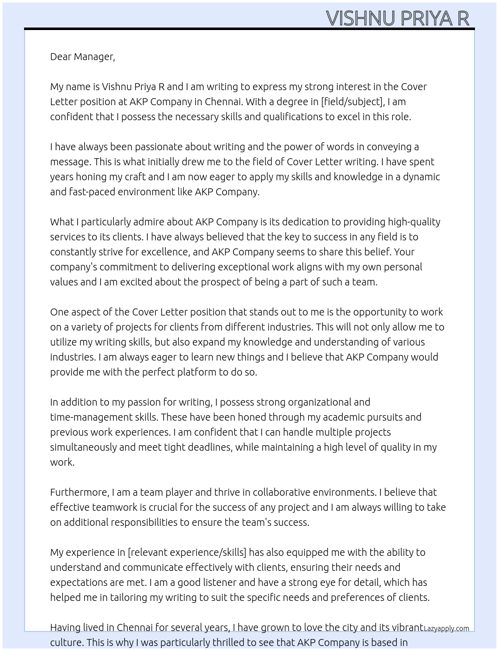 Cover letter At AKP company Cover Letter