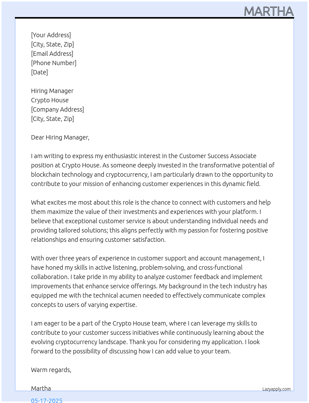 Customer Success Associate At Crypto House Cover Letter