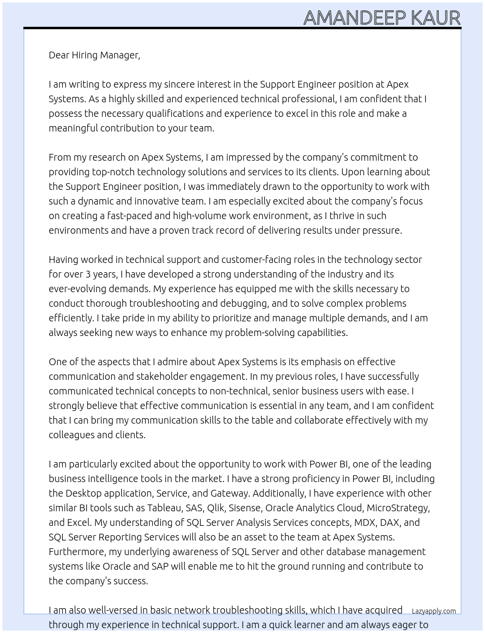 Support Engineer At Apex Systems Cover Letter