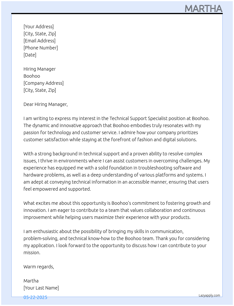 Technical Support Specialist At Boohoo Cover Letter