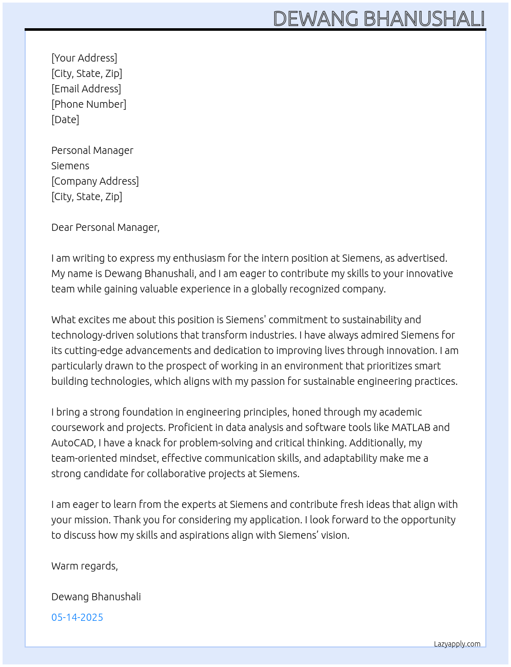 intern At siemens Cover Letter