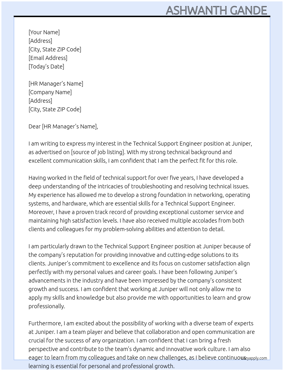 Technical support engineer At Juniper Cover Letter