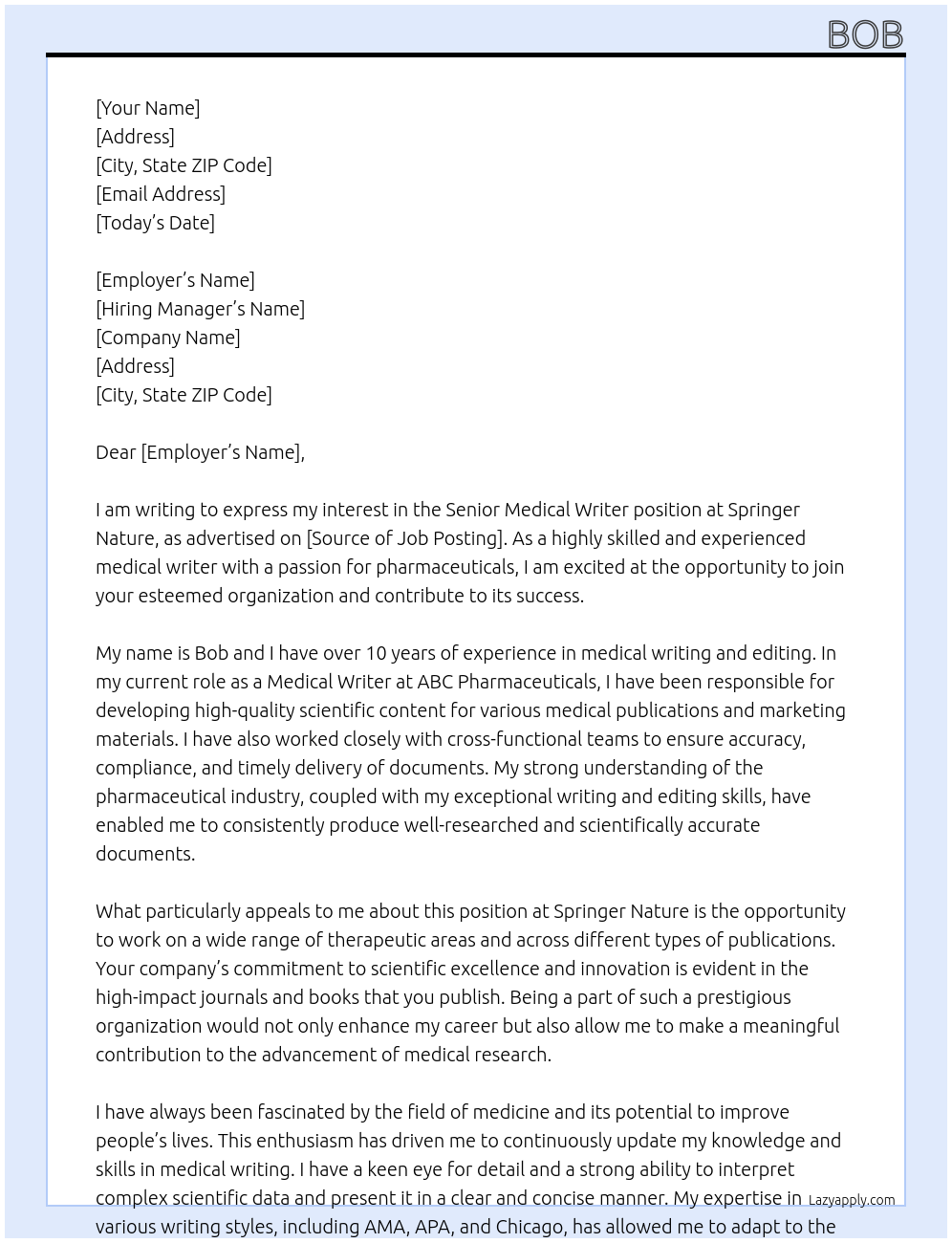 Senior Medical Writer At Springer Nature Cover Letter