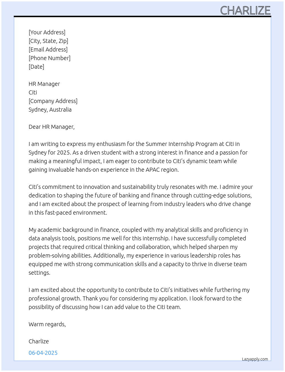 Summer Internship Program - Sydney Australia (APAC) - 2025 At Citi Cover Letter