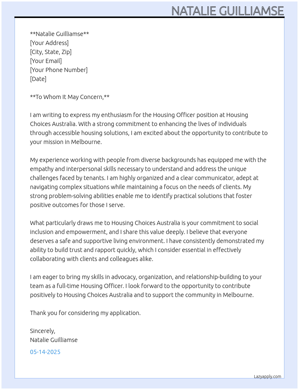 Housing officer At Housing Choices Australia Cover Letter