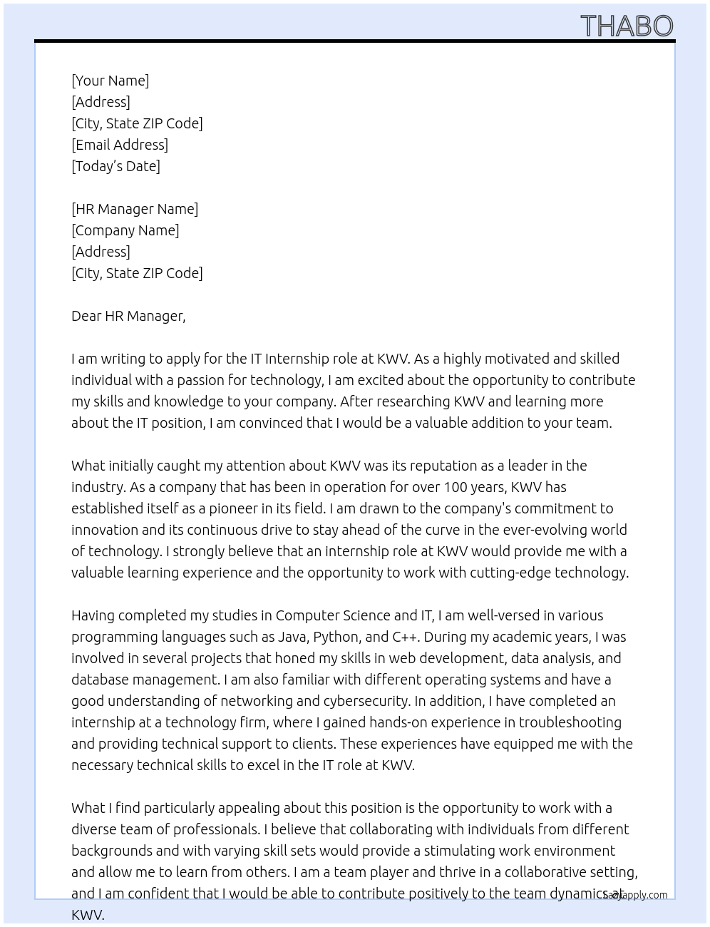 IT At KWV Cover Letter