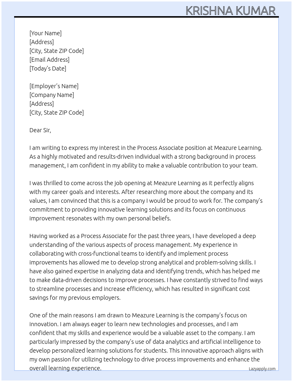 Process Associate At Meazure Learning Cover Letter