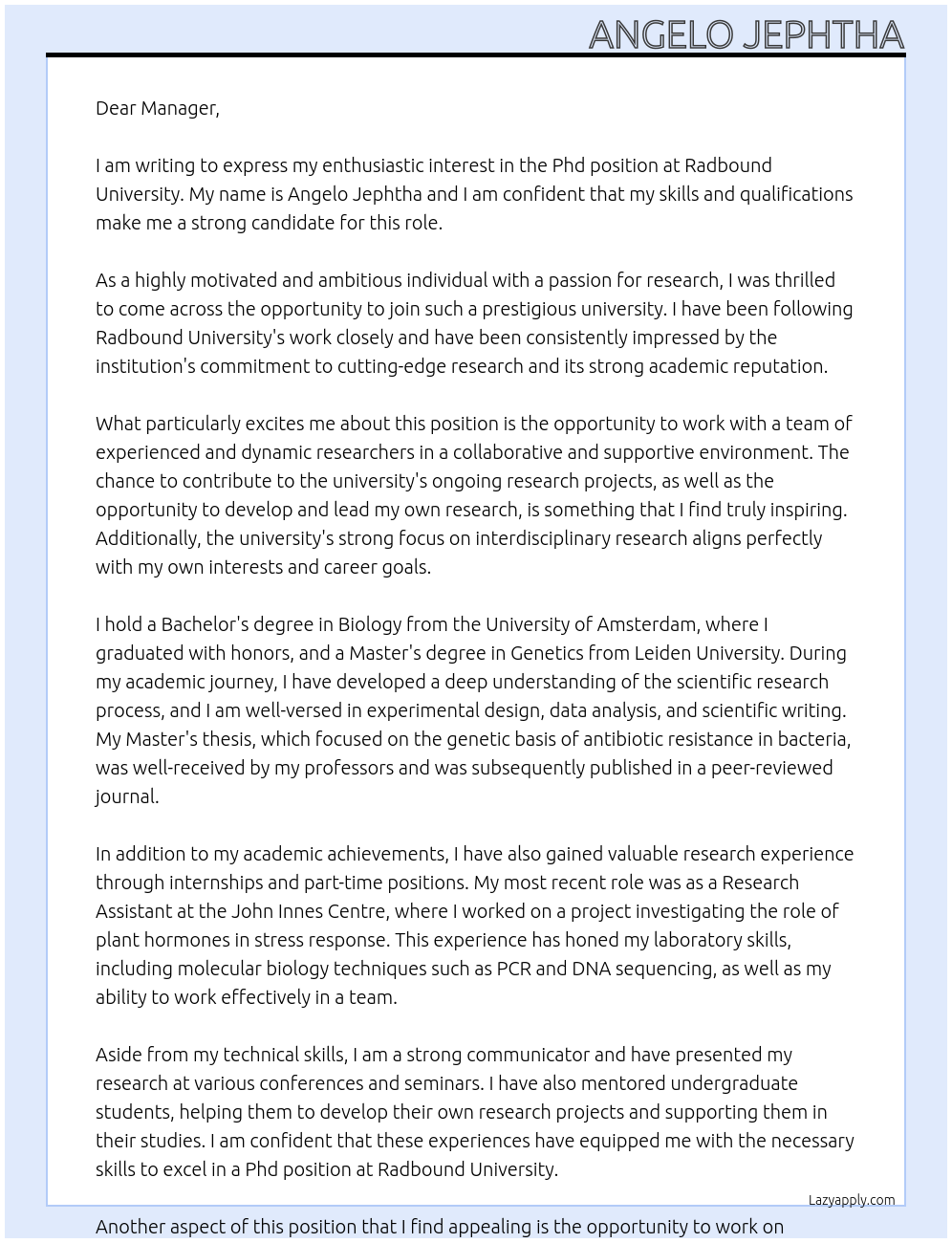 Phd At radbound university Cover Letter