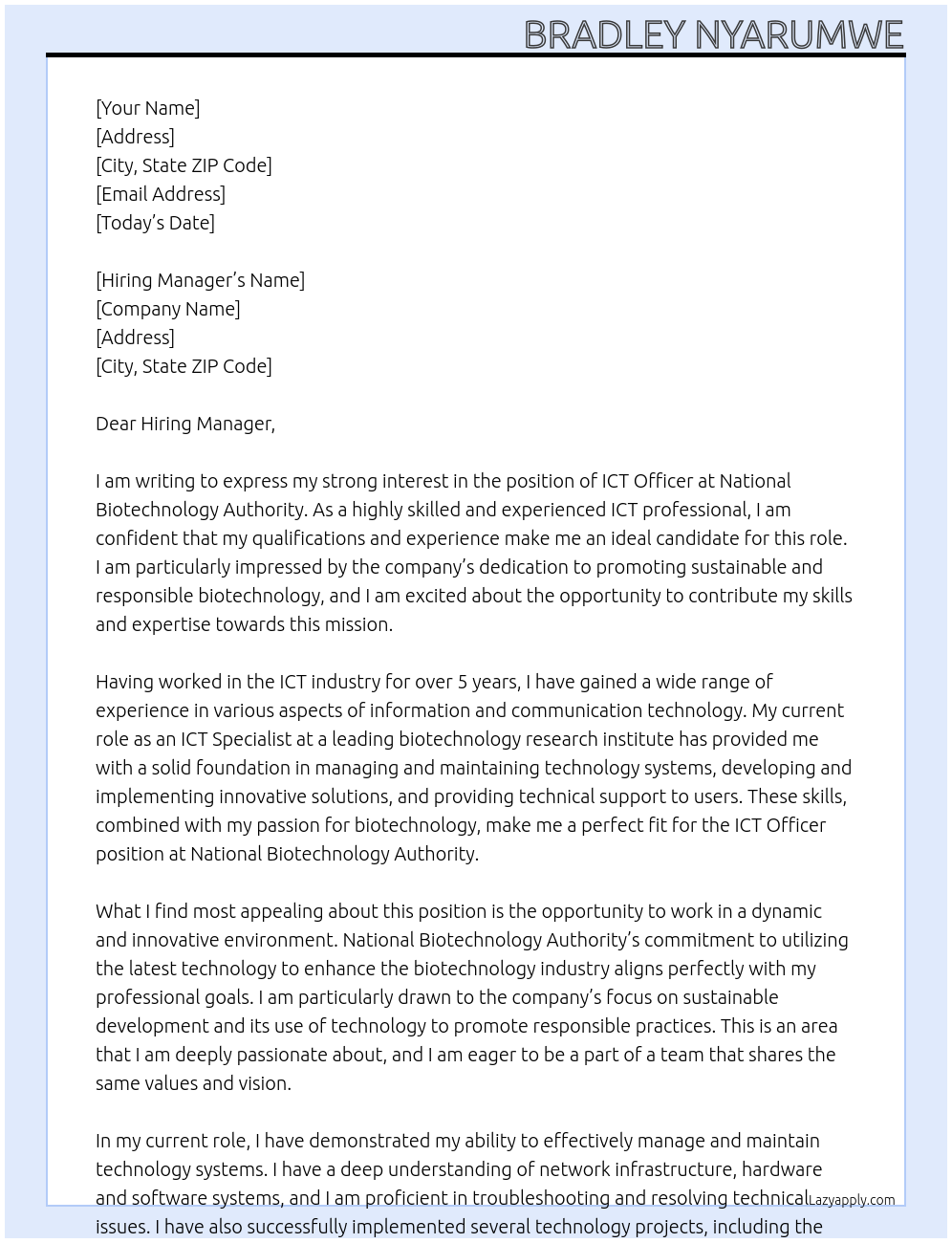 ict officer At National Biotechnology Authority Cover Letter