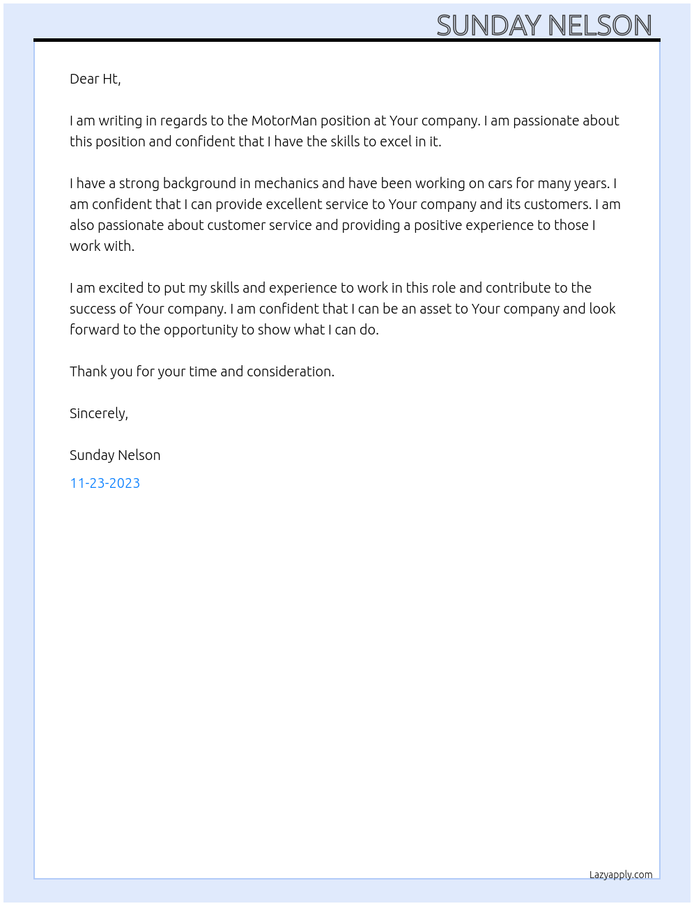 MotorMan At Your company  Cover Letter