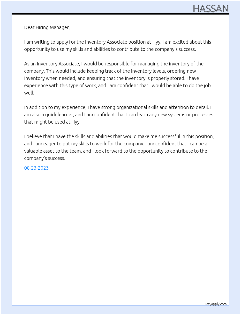 Inventory associate  At Hyy Cover Letter
