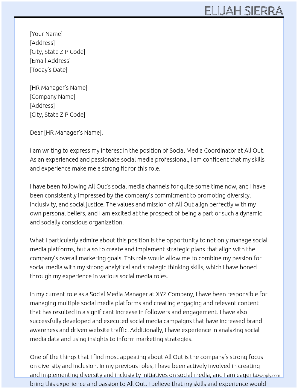 Social Media Coordinator At All Out Cover Letter