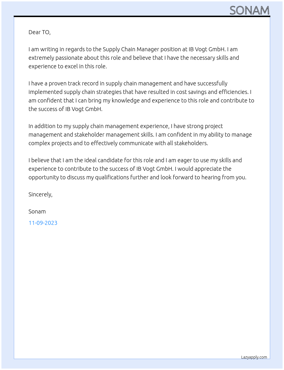 Supply chain Manager At ib vogt GmbH Cover Letter