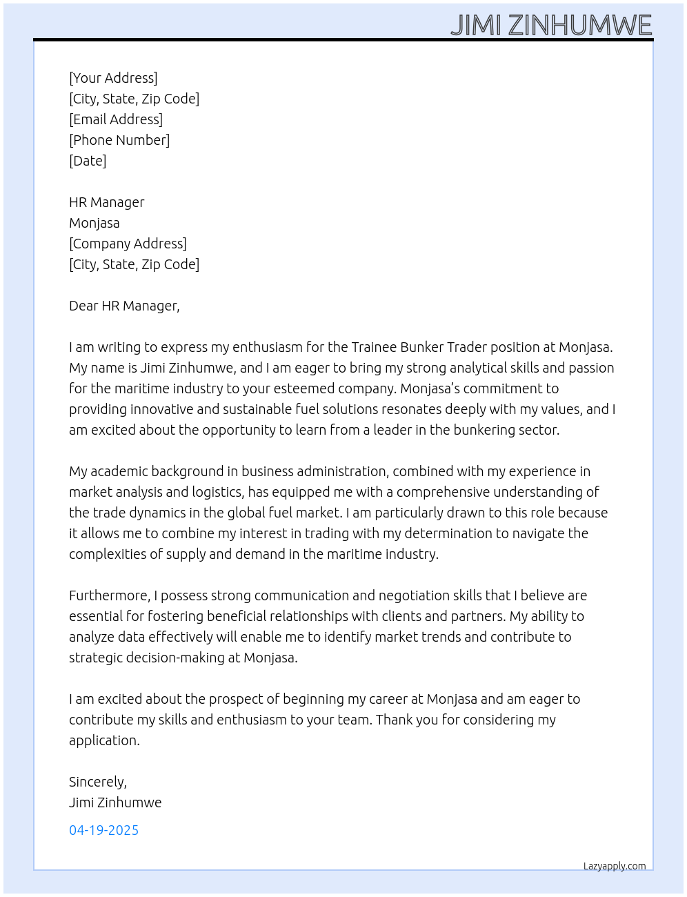 trainee bunker trader At monjasa Cover Letter