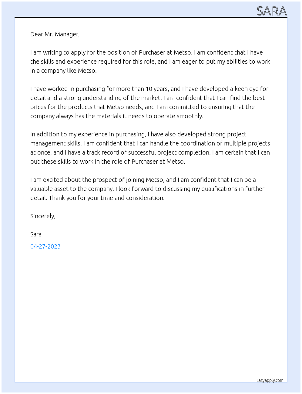 Purchaser At Metso Cover Letter