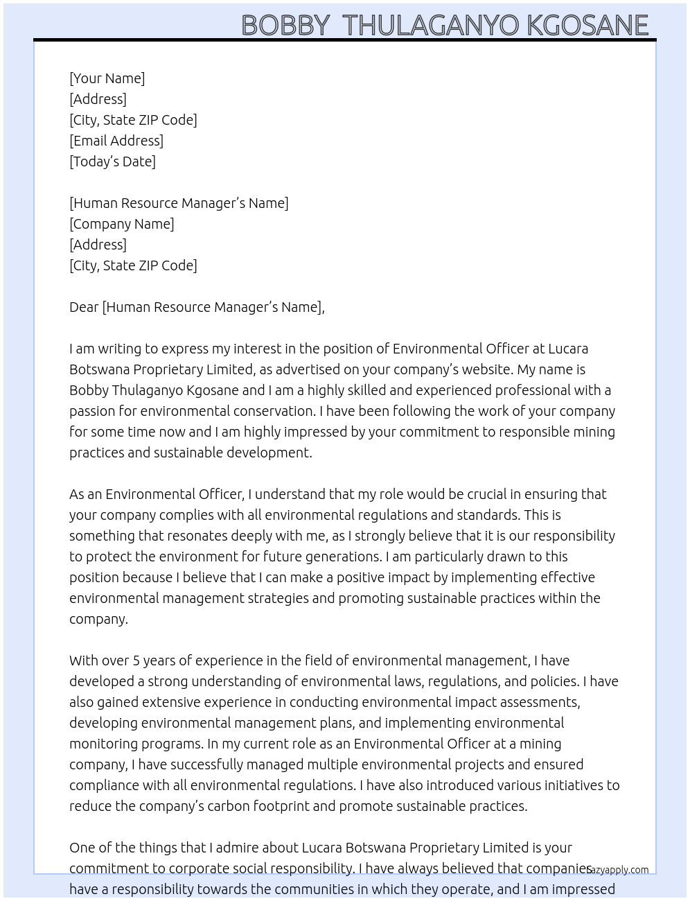 Environmental officer At Lucara Botswana Proprietary Limited Cover Letter