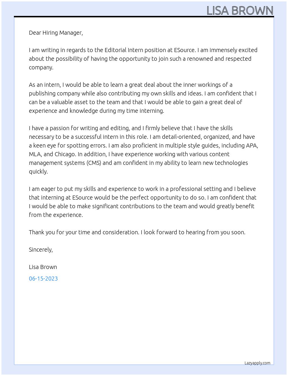 Editorial Intern At ESource Cover Letter