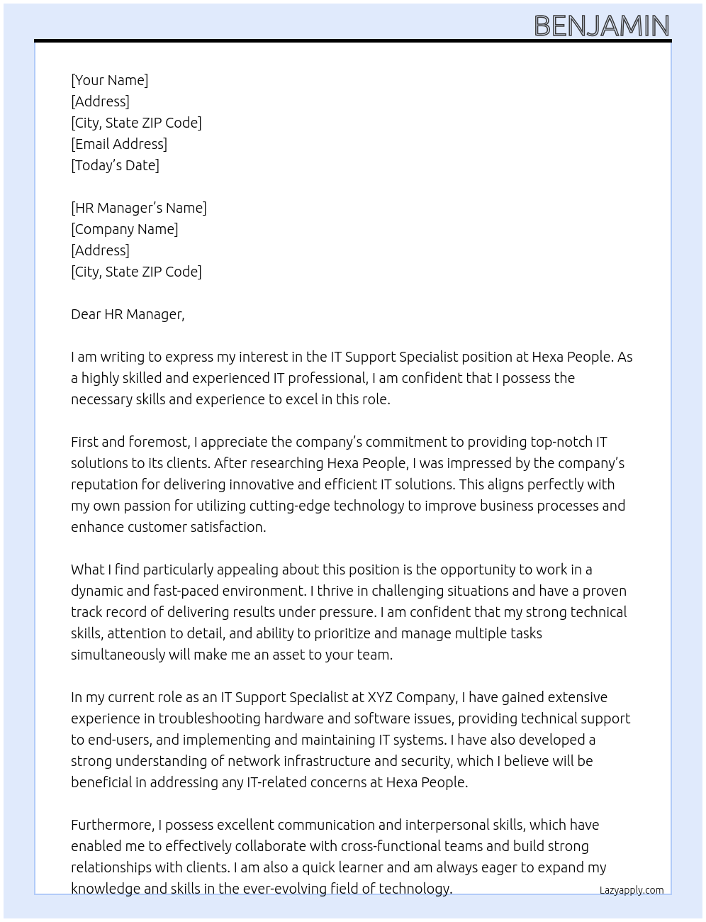 IT Support Specialist At Hexa People Cover Letter