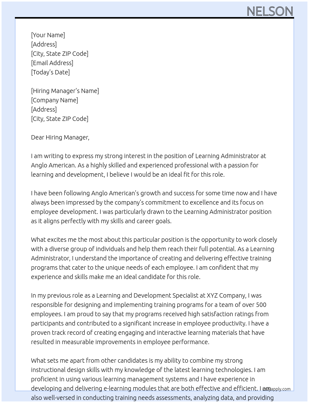 Learning Administrator At Anglo American Cover Letter