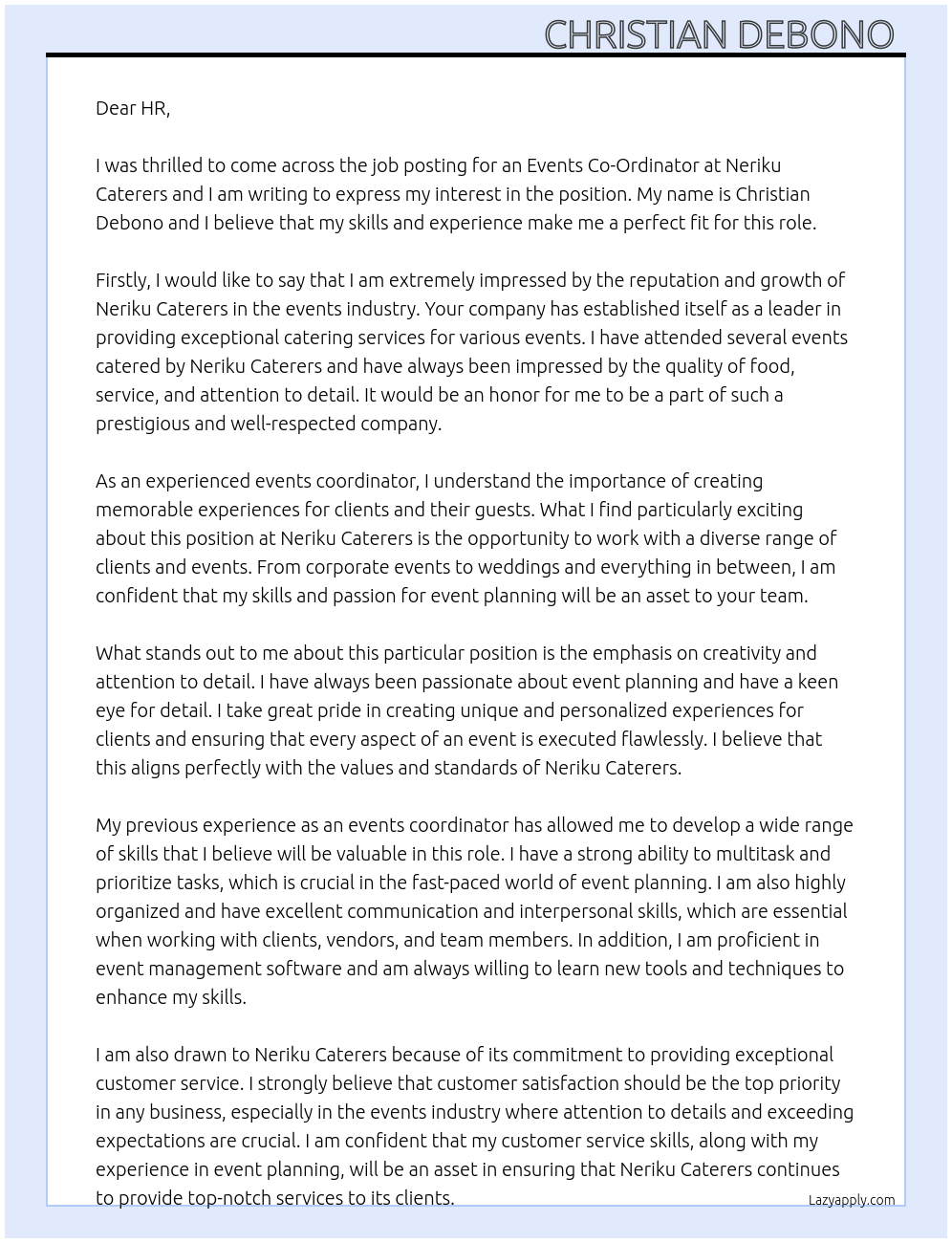 Events Co-Ordinator At Neriku Caterers Cover Letter