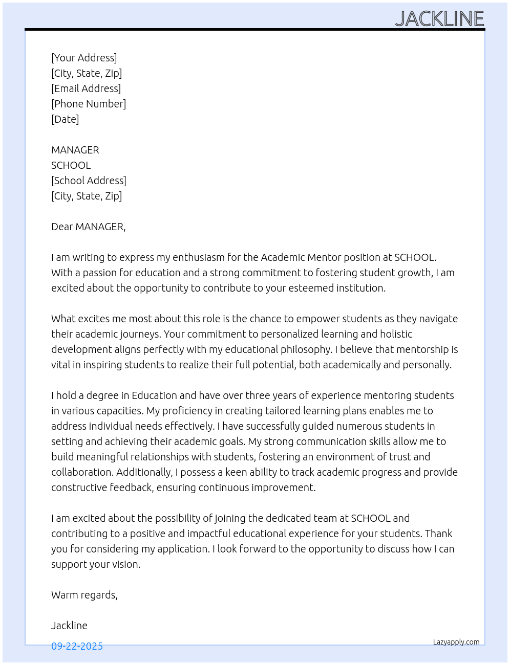 Academic Mento At SCHOOL Cover Letter