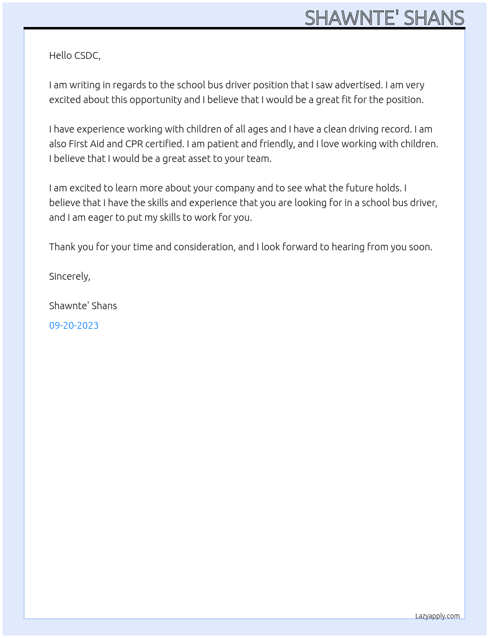 School bus driver At CSDC Cover Letter