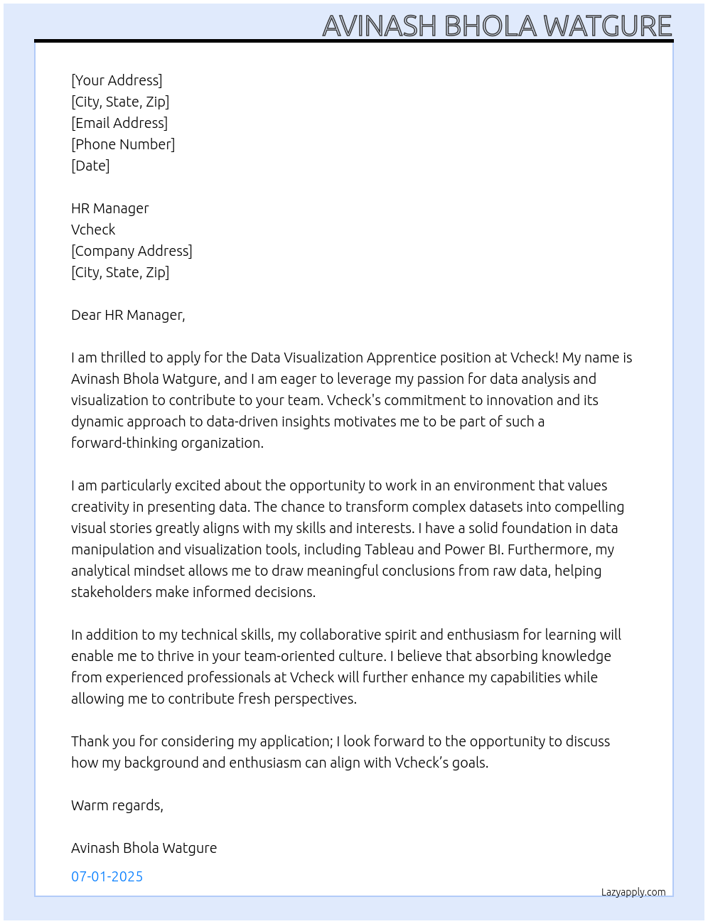 Data Visualization Apprentice At Vcheck Cover Letter