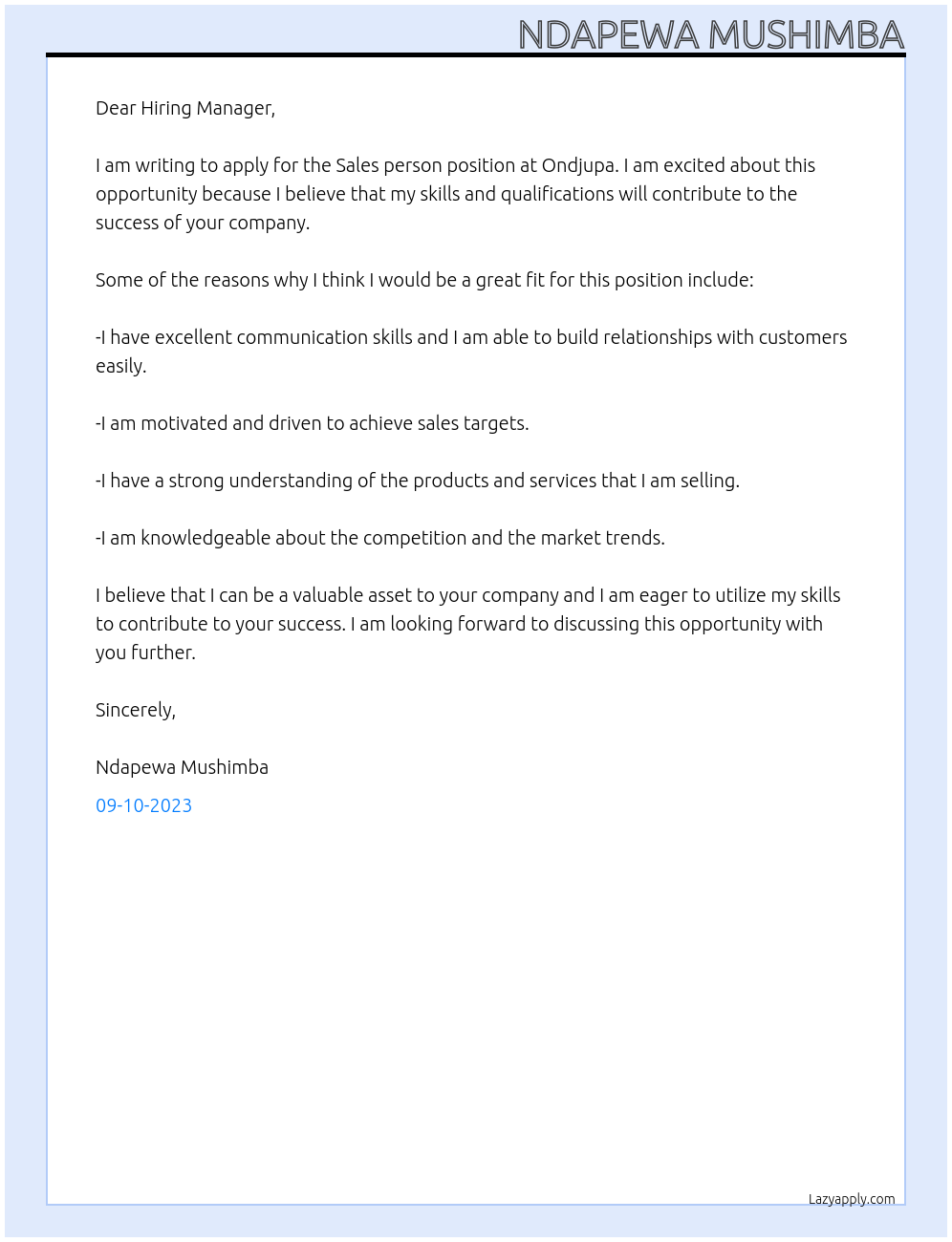 Sales person At Ondjupa Cover Letter