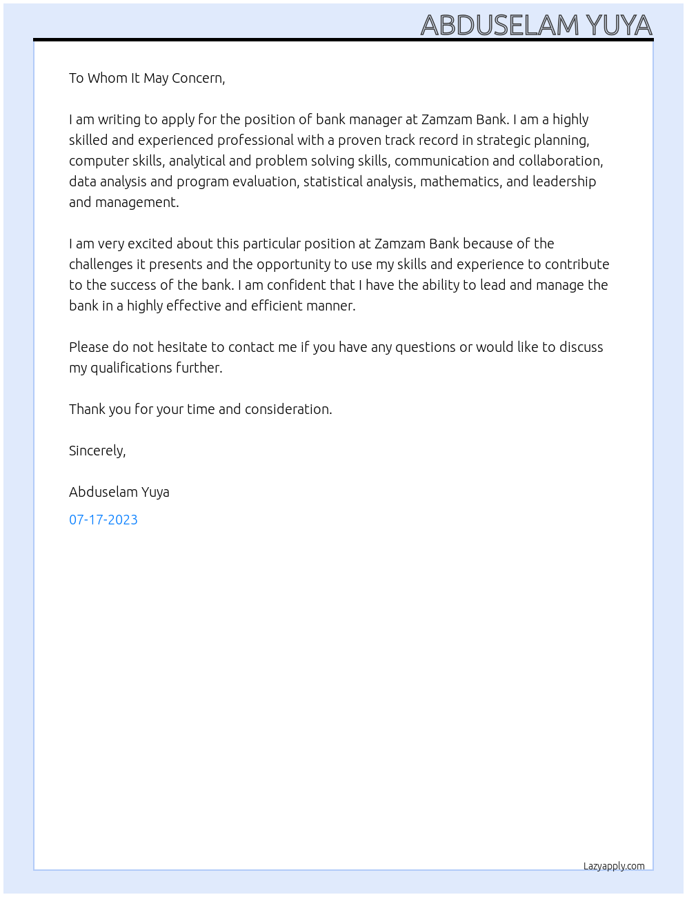 bank manager At zamzam bank Cover Letter