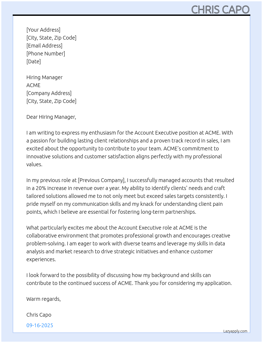 Account Executive At ACME Cover Letter