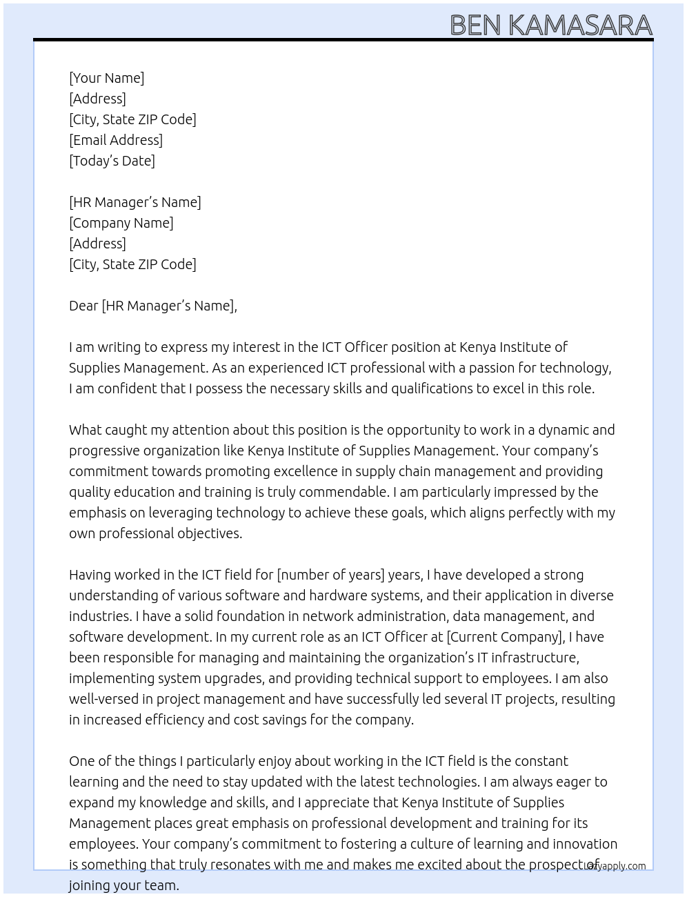 ICT Officer At Kenya Institute of Supplies Management Cover Letter