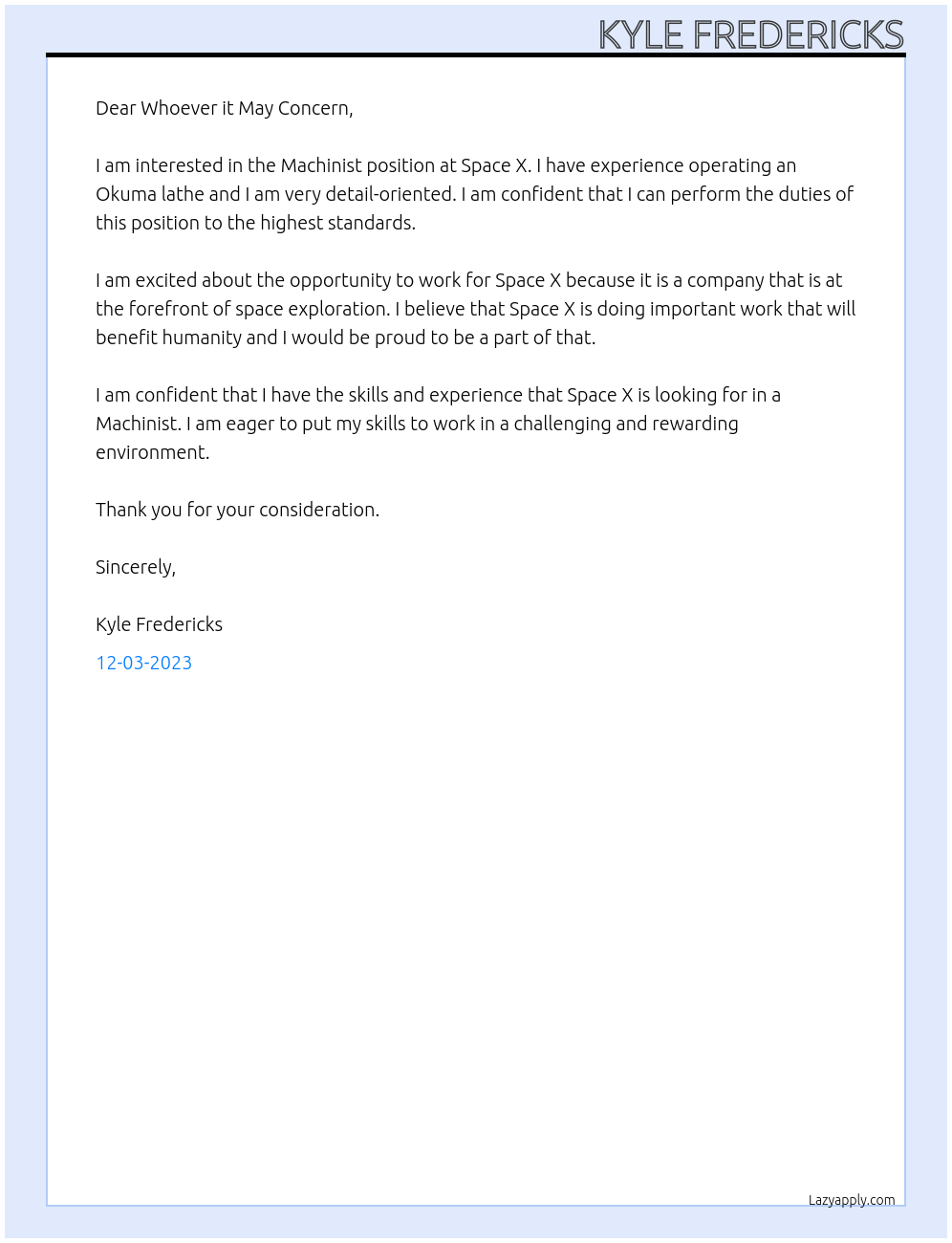 Machinist At Space X Cover Letter