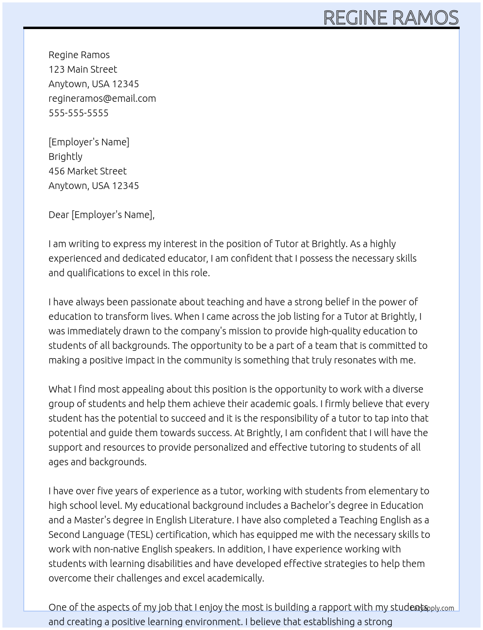 tutor At Brightly Cover Letter