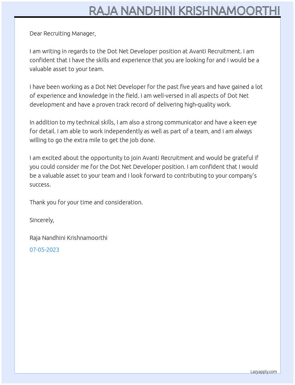 Dot Net Developer At Avanti Recruitment Cover Letter